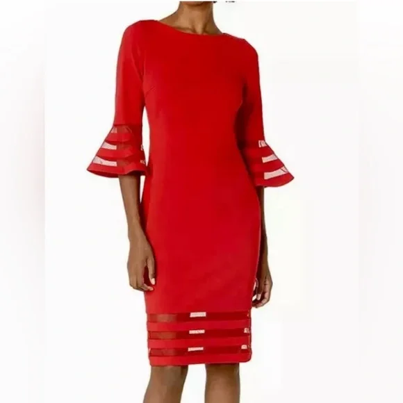 Calvin Klein | Dresses | Calvin Klein Bell Sleeves Sheath Dress W Mesh  Inserts Red Size 8 Nwt | Poshmark